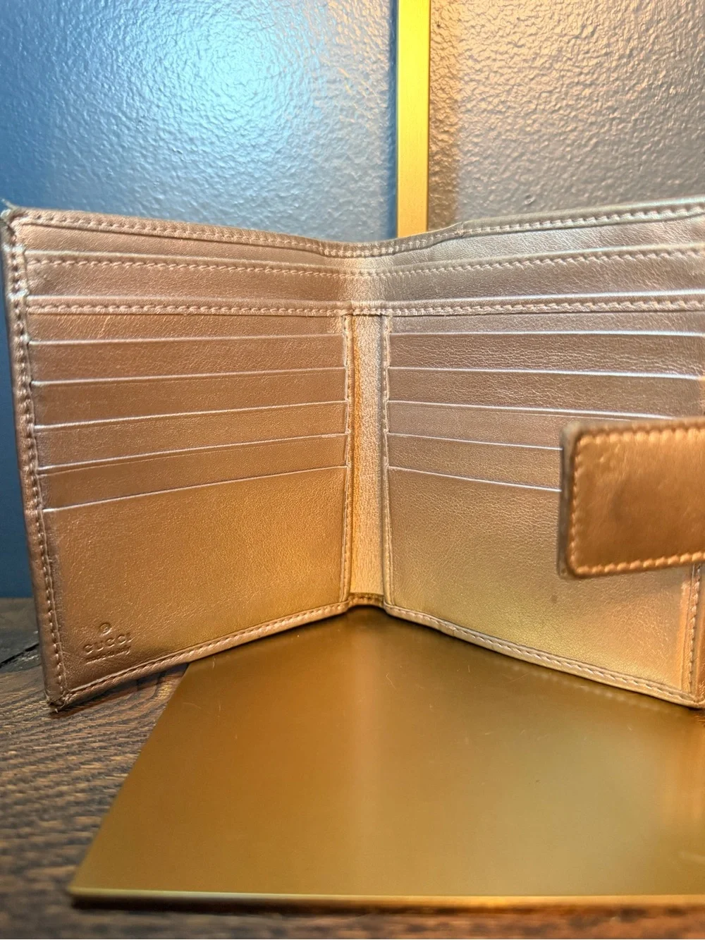 Gucci Vintage Metallic Gold GG Monogram Compact Wallet with Double-G Charm